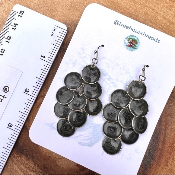 Marbled Enamel Grey and Silver Layered Dangle Drop Earrings - Picture 2 of 4